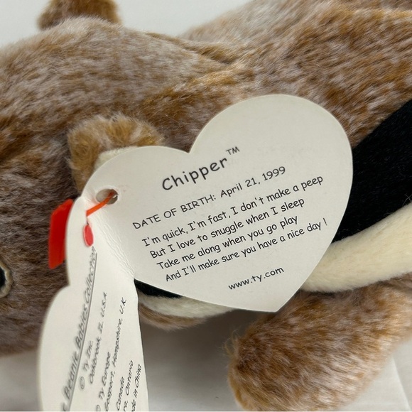 NWT TY Beanie Baby Brown and Black Chipmunk Plush Toy Chipper - Picture 3 of 5